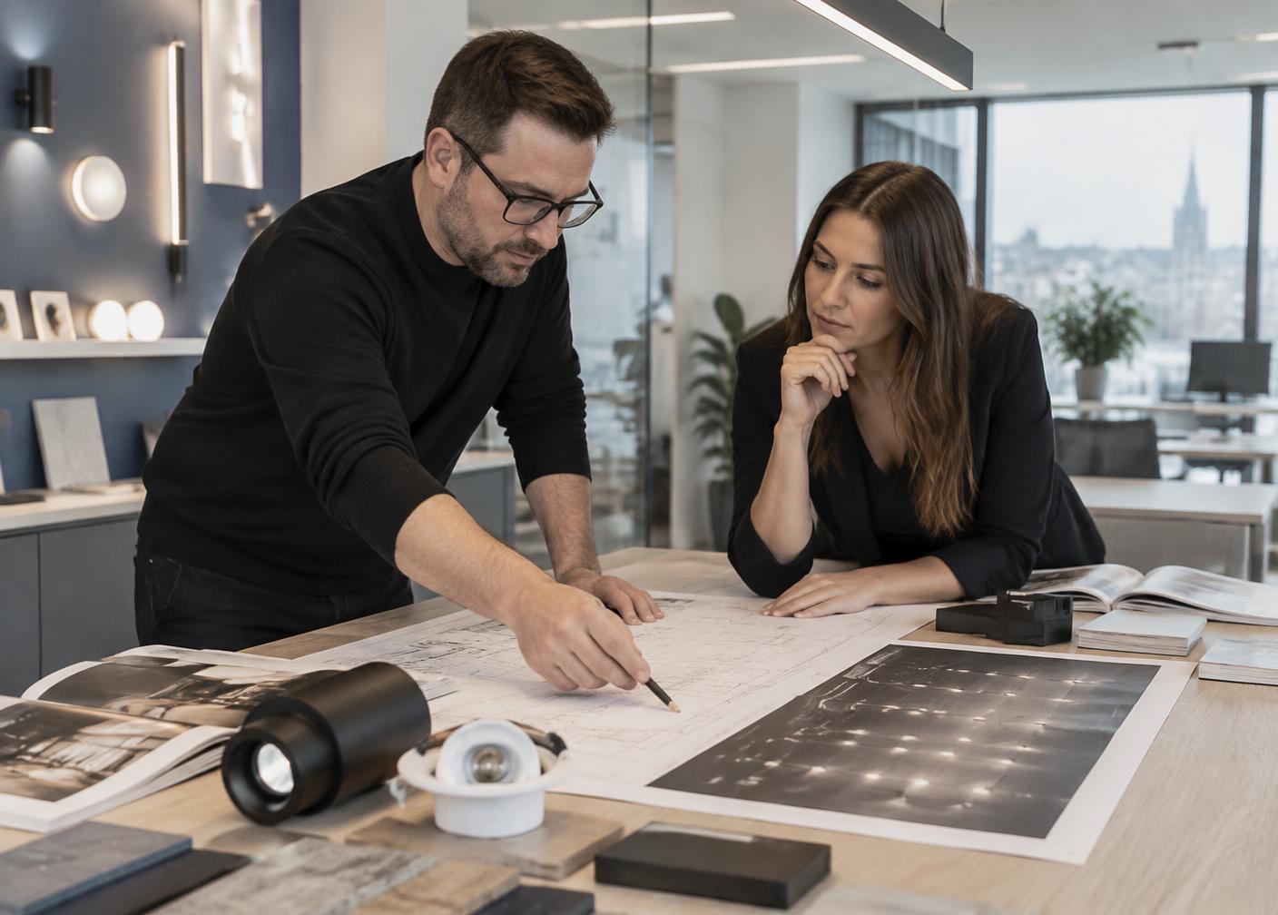 Spécialistes en éclairage collaborant à la sélection de produits